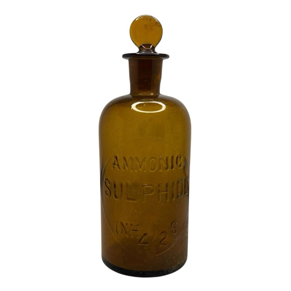 LARGE AMBER antique AMMONIUM bottle w/ GLASS penny STOPPER
